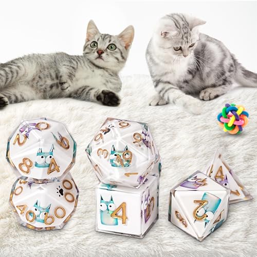 7-Piece Cat-Themed Resin DND Dice Set – Sharp Edge Polyhedral Dice with Box & Bag for D&D RPG MTG