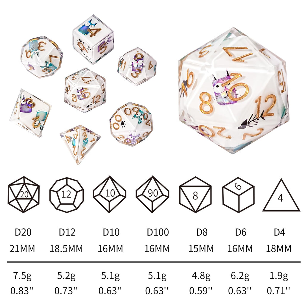 7-Piece Cat-Themed Resin DND Dice Set – Sharp Edge Polyhedral Dice with Box & Bag for D&D RPG MTG