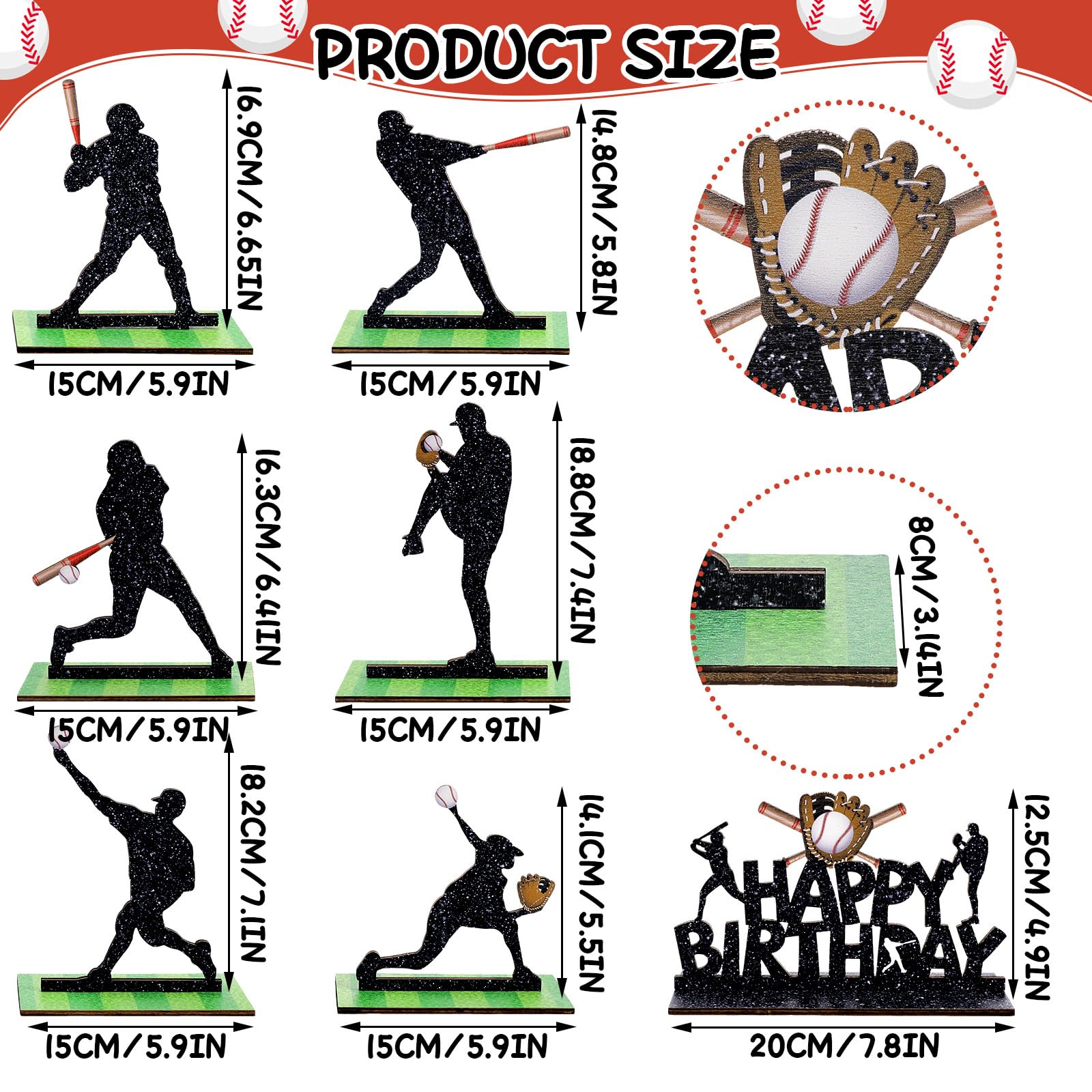 7-Piece Wooden Baseball Player Centerpieces Set for Birthday Party Table Decorations