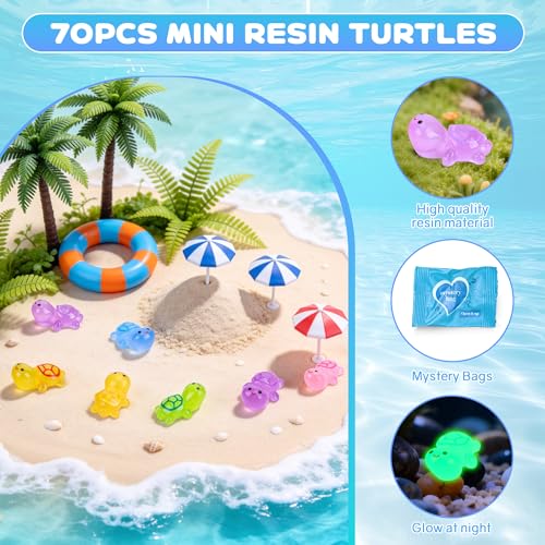 70-Piece Glow-in-the-Dark Mini Resin Turtle Collection – Blind Bag Surprise Figures for Fairy Gardens, Dollhouses, and Crafts