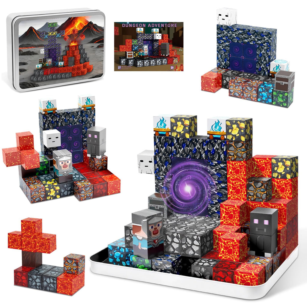 70-Piece Magnetic Building Blocks Travel Toy for Kids Ages 3-8, Lava Portal Mini Magnet Cubes with Iron Storage Box, STEM Learning Set for Toddlers Boys Girls