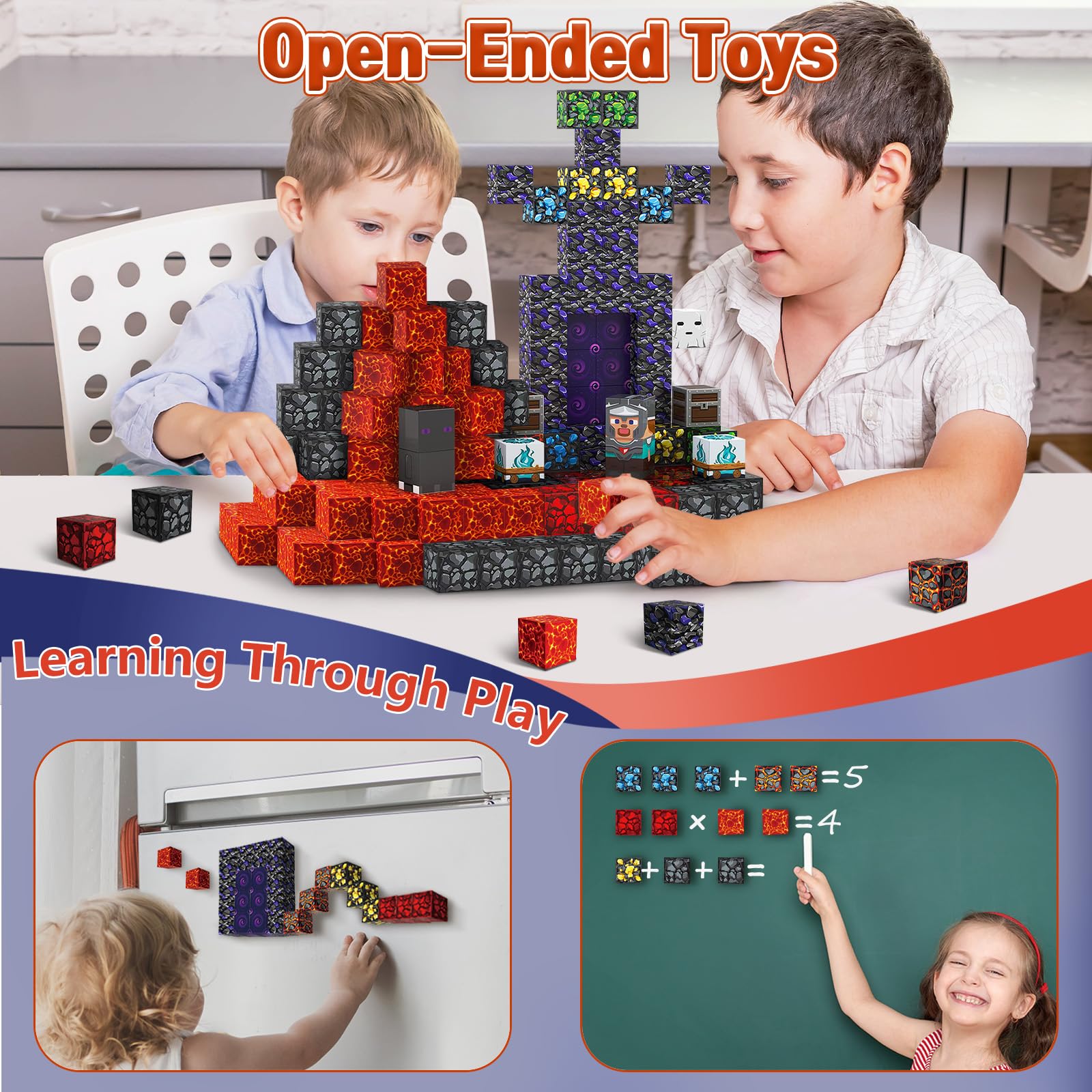 70-Piece Magnetic Building Blocks Travel Toy for Kids Ages 3-8, Lava Portal Mini Magnet Cubes with Iron Storage Box, STEM Learning Set for Toddlers Boys Girls