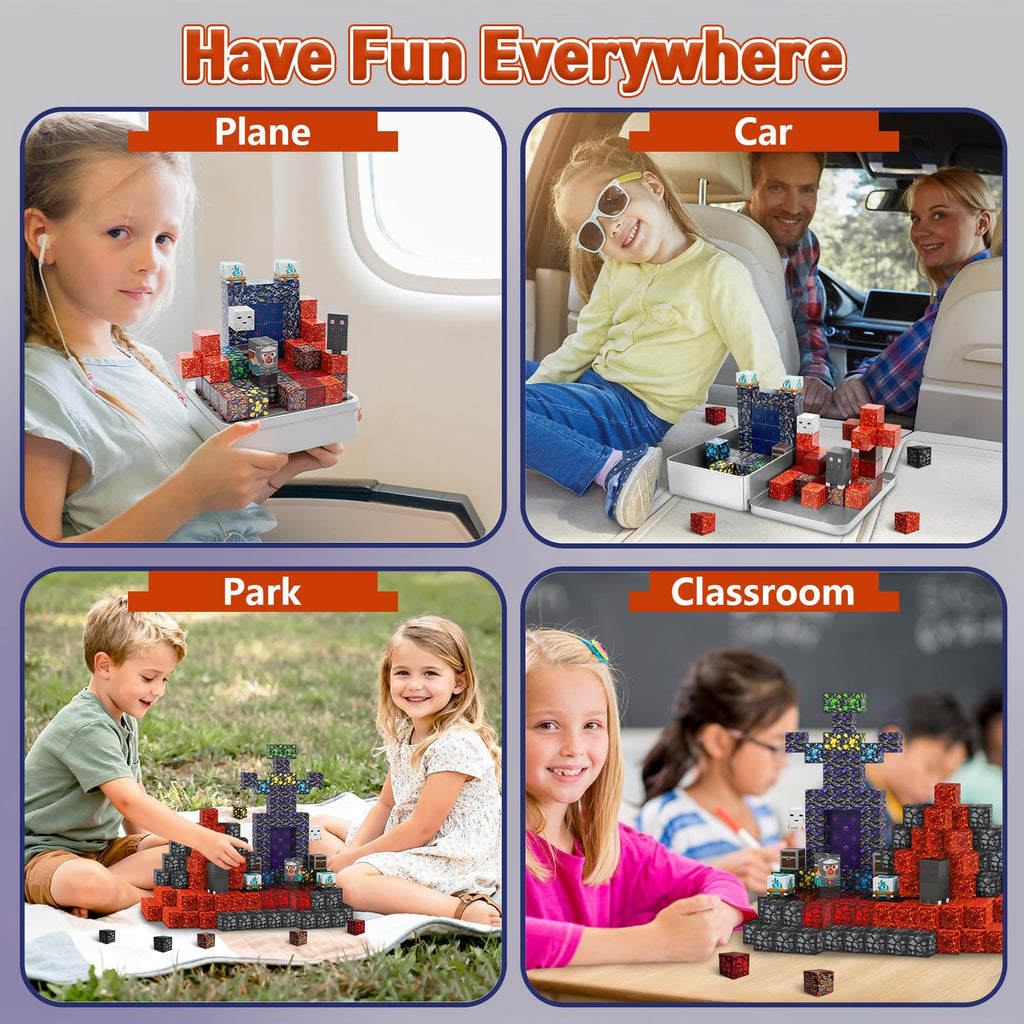 70-Piece Magnetic Building Blocks Travel Toy for Kids Ages 3-8, Lava Portal Mini Magnet Cubes with Iron Storage Box, STEM Learning Set for Toddlers Boys Girls