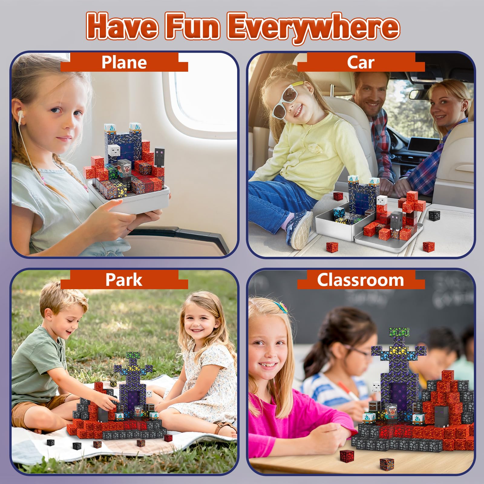 70-Piece Magnetic Building Blocks Travel Toy for Kids Ages 3-8, Lava Portal Mini Magnet Cubes with Iron Storage Box, STEM Learning Set for Toddlers Boys Girls