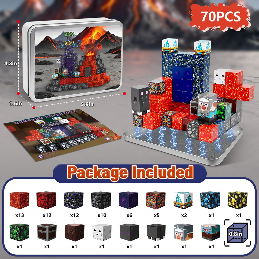 70-Piece Magnetic Building Blocks Travel Toy for Kids Ages 3-8, Lava Portal Mini Magnet Cubes with Iron Storage Box, STEM Learning Set for Toddlers Boys Girls