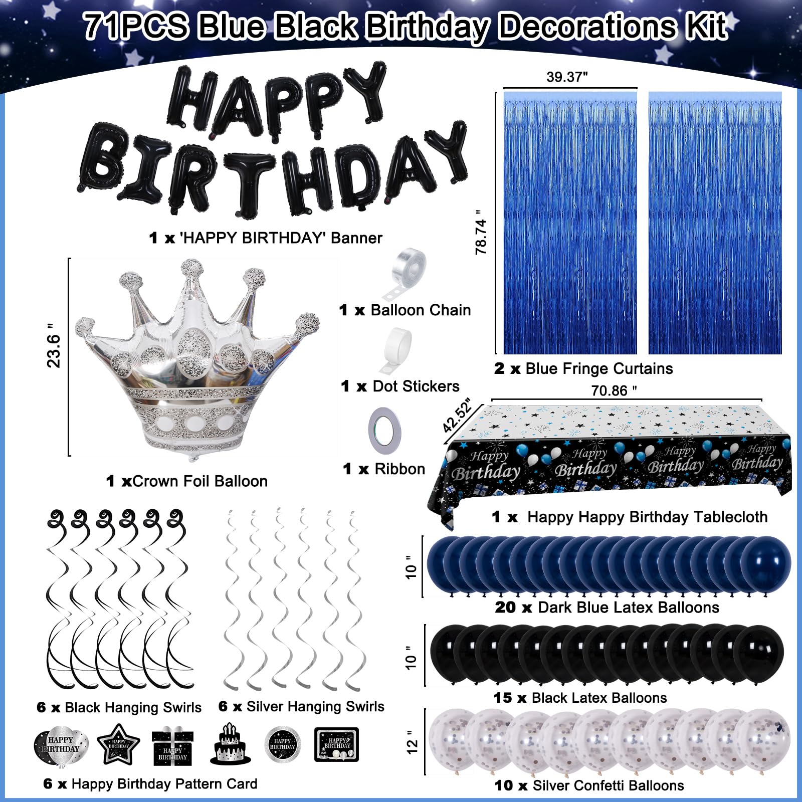 71-Piece Blue & Black Birthday Party Decorations Kit for Boys, Men, Women – Purtarly