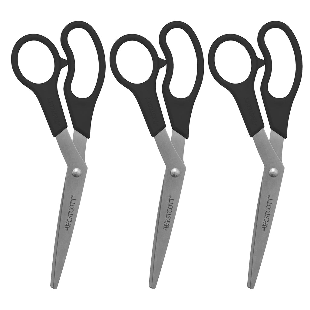 Westcott 8" All-Purpose Scissors (3-Pack) – Bent Stainless Steel Blades, Black