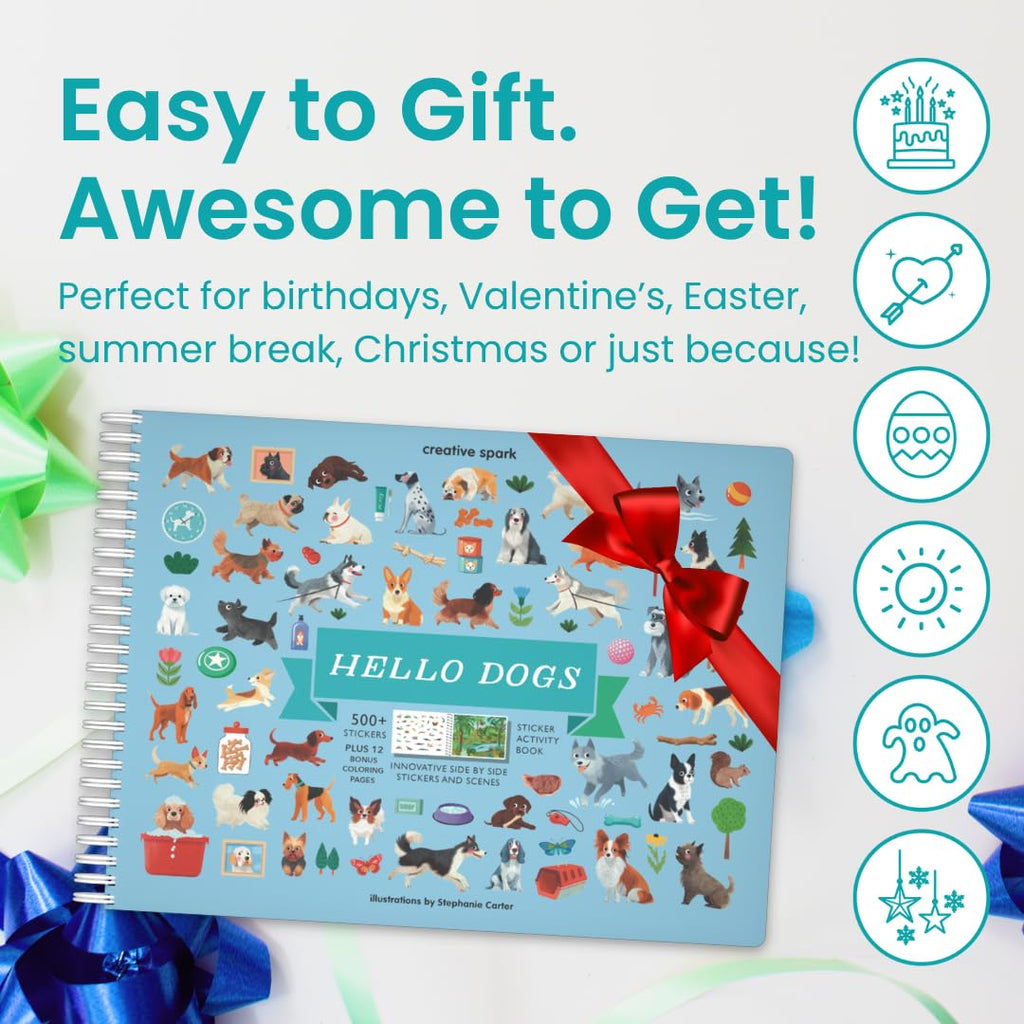 CUPKIN Hello Dogs Sticker Book for Kids 2-8: 500+ Dog Stickers, 12 Coloring Pages & 12 Scenes for Travel, Road Trips, Airplane Activities