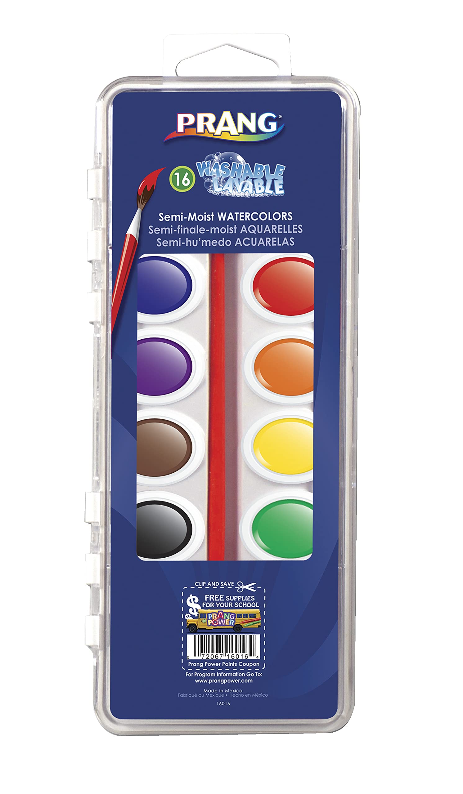 Prang Washable Semi-Moist Watercolor Set – 16 Assorted Colors & Brush, Safe and Easy Clean-Up