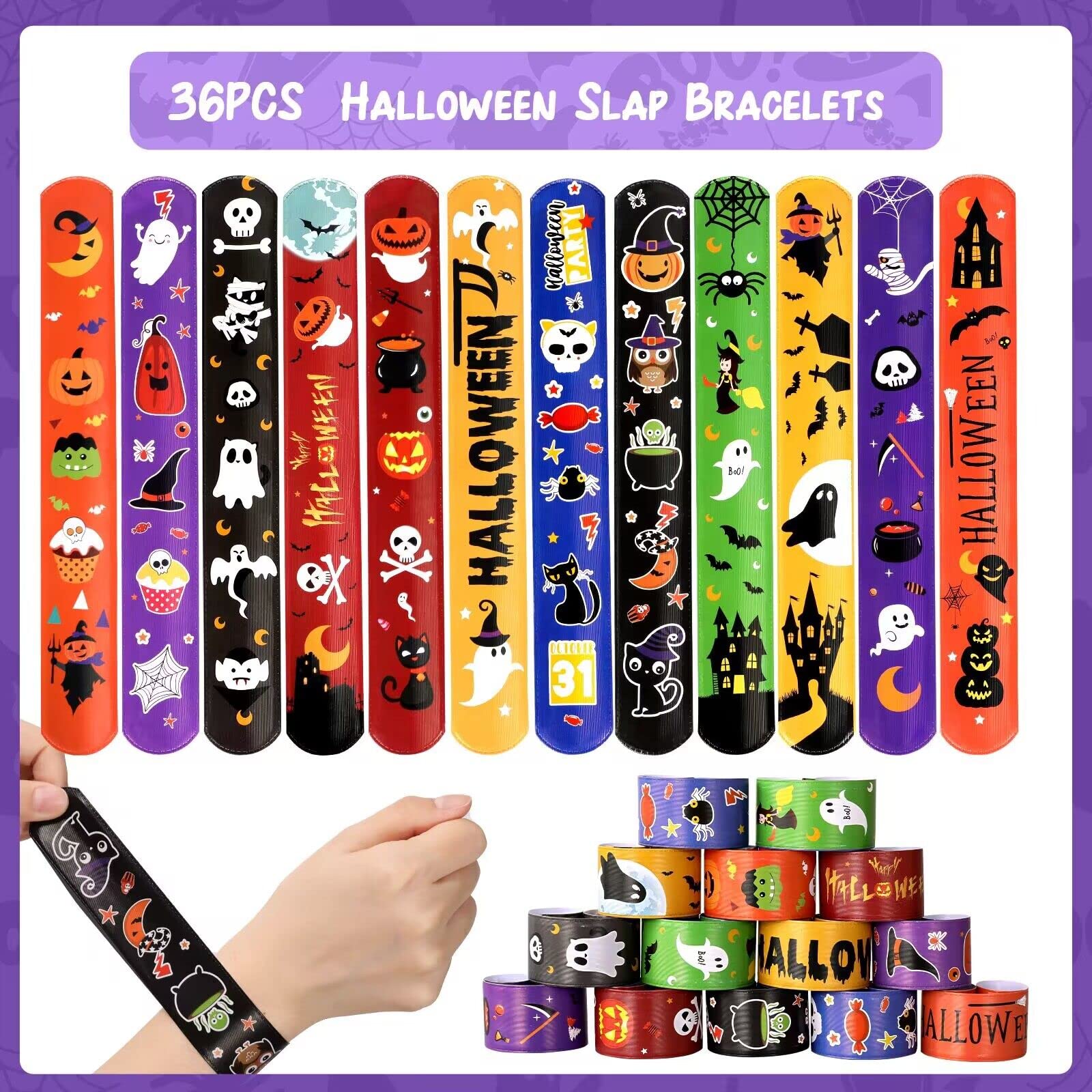 72 Pack Halloween Slap Bracelets by MGparty – 24 Unique Designs, Non-Toxic Plastic & Rubber Wristbands for Party Favors