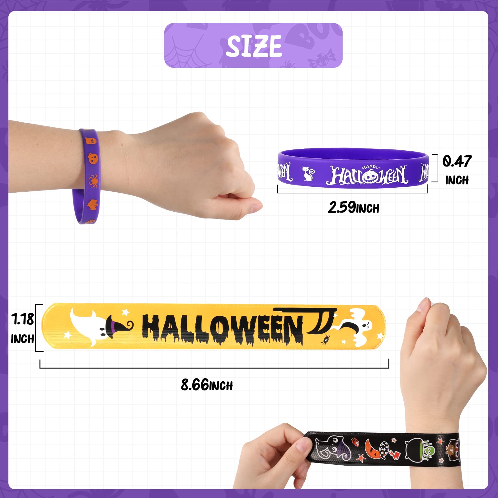 72 Pack Halloween Slap Bracelets by MGparty – 24 Unique Designs, Non-Toxic Plastic & Rubber Wristbands for Party Favors
