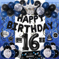 73-Piece Blue & Black 16th Birthday Decorations Kit with Foil Balloons, Tablecloth, and Fringe Curtains for Boys & Girls