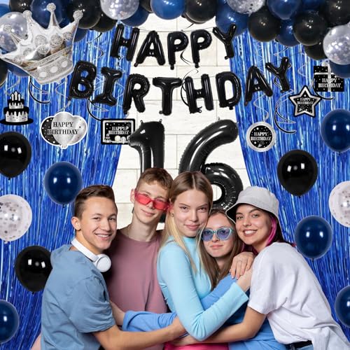 73-Piece Blue & Black 16th Birthday Decorations Kit with Foil Balloons, Tablecloth, and Fringe Curtains for Boys & Girls