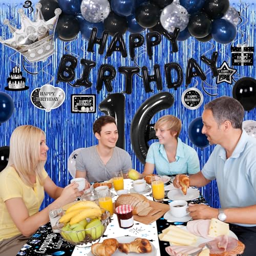 73-Piece Blue & Black 16th Birthday Decorations Kit with Foil Balloons, Tablecloth, and Fringe Curtains for Boys & Girls