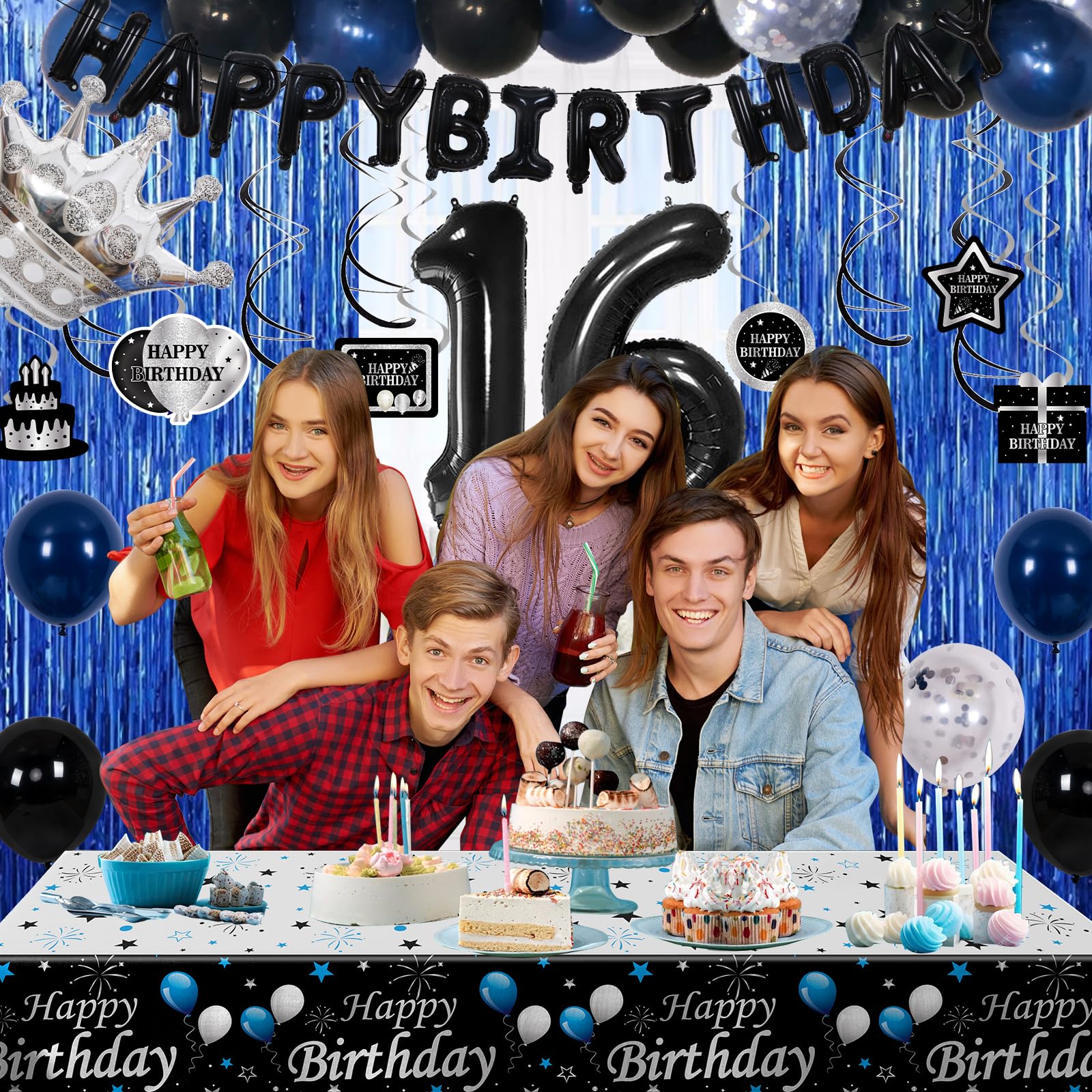 73-Piece Blue & Black 16th Birthday Decorations Kit with Foil Balloons, Tablecloth, and Fringe Curtains for Boys & Girls