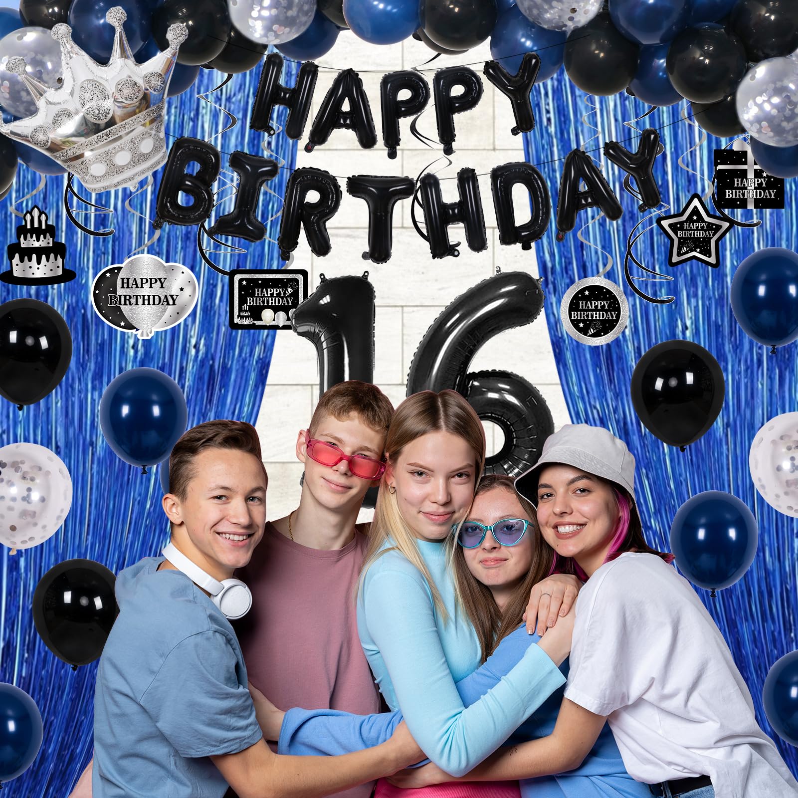 73-Piece Blue & Black 16th Birthday Decorations Kit with Foil Balloons, Tablecloth, and Fringe Curtains for Boys & Girls