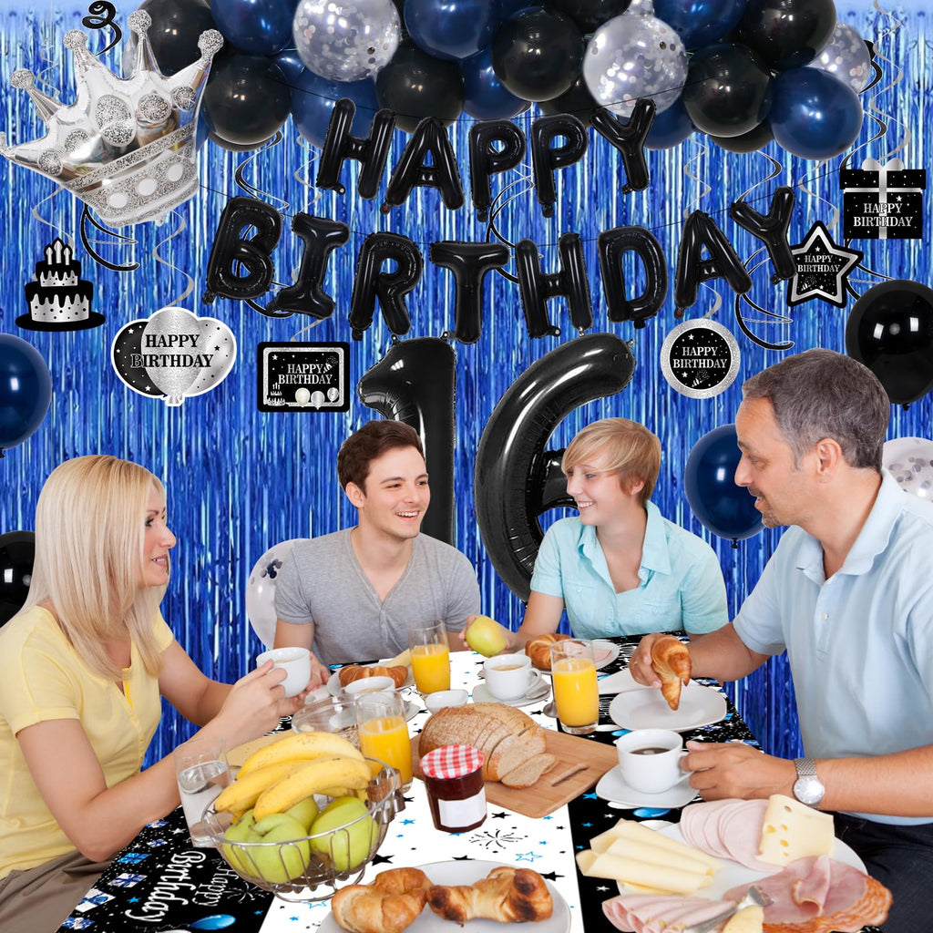 73-Piece Blue & Black 16th Birthday Decorations Kit with Foil Balloons, Tablecloth, and Fringe Curtains for Boys & Girls
