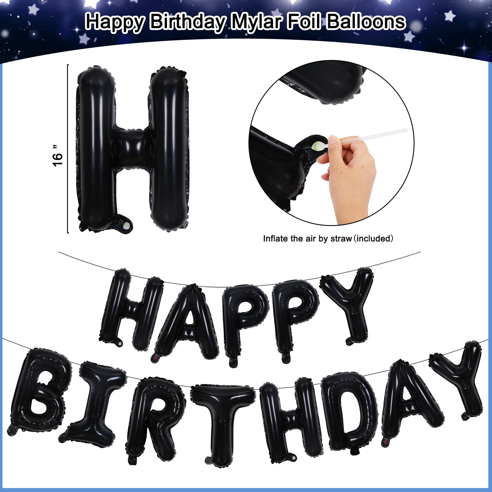73-Piece Blue & Black 16th Birthday Decorations Kit with Foil Balloons, Tablecloth, and Fringe Curtains for Boys & Girls