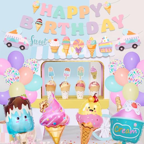 75-Piece Ice Cream Birthday Party Decorations for Girls - Pastel Balloon Garland Arch Kit with Banners & Cupcake Toppers