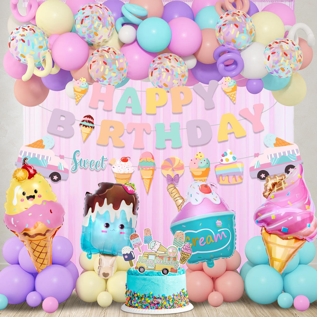 75-Piece Ice Cream Birthday Party Decorations for Girls - Pastel Balloon Garland Arch Kit with Banners & Cupcake Toppers
