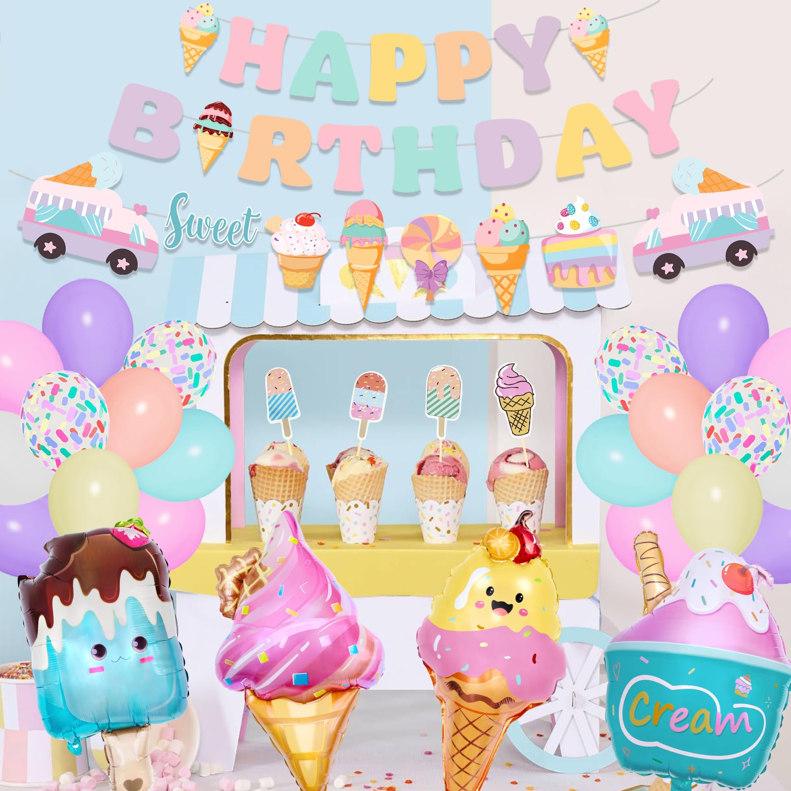 75-Piece Ice Cream Birthday Party Decorations for Girls - Pastel Balloon Garland Arch Kit with Banners & Cupcake Toppers
