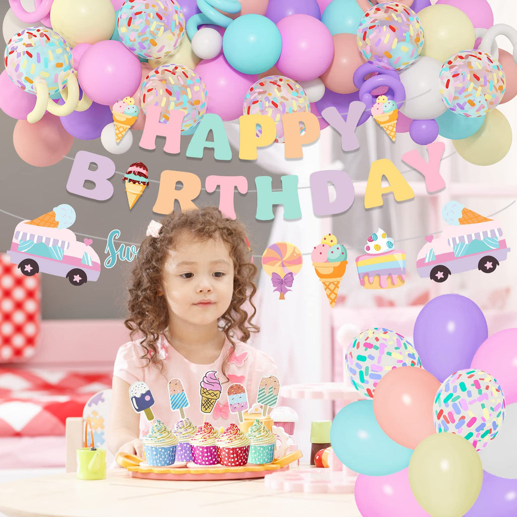 75-Piece Ice Cream Birthday Party Decorations for Girls - Pastel Balloon Garland Arch Kit with Banners & Cupcake Toppers