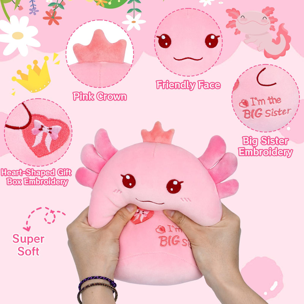 8-Inch Axolotl Plush Big Sister Gift with Pink Crown and 'I'm the Big Sister' Message