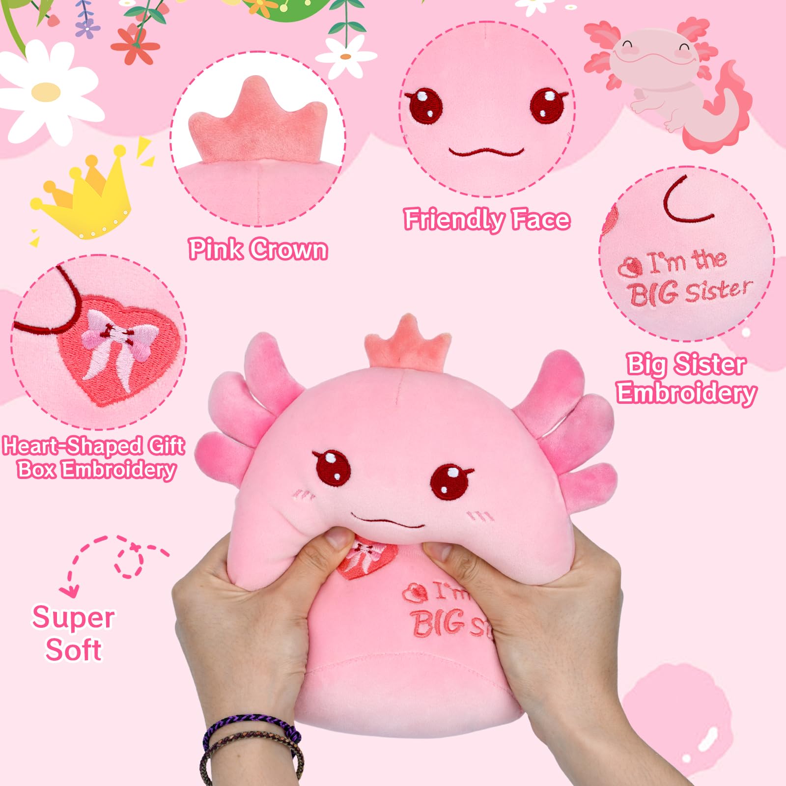 8-Inch Axolotl Plush Big Sister Gift with Pink Crown and 'I'm the Big Sister' Message
