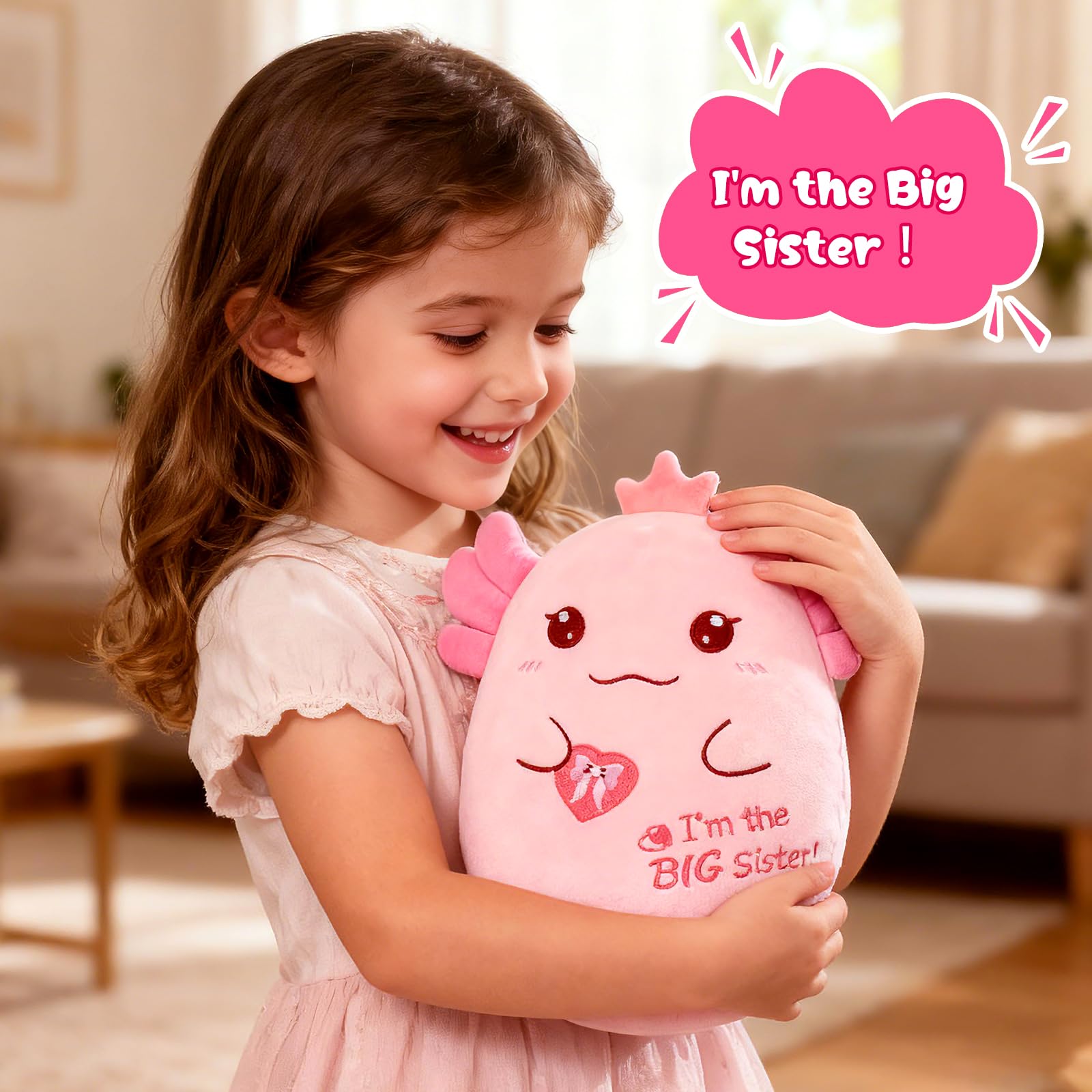 8-Inch Axolotl Plush Big Sister Gift with Pink Crown and 'I'm the Big Sister' Message