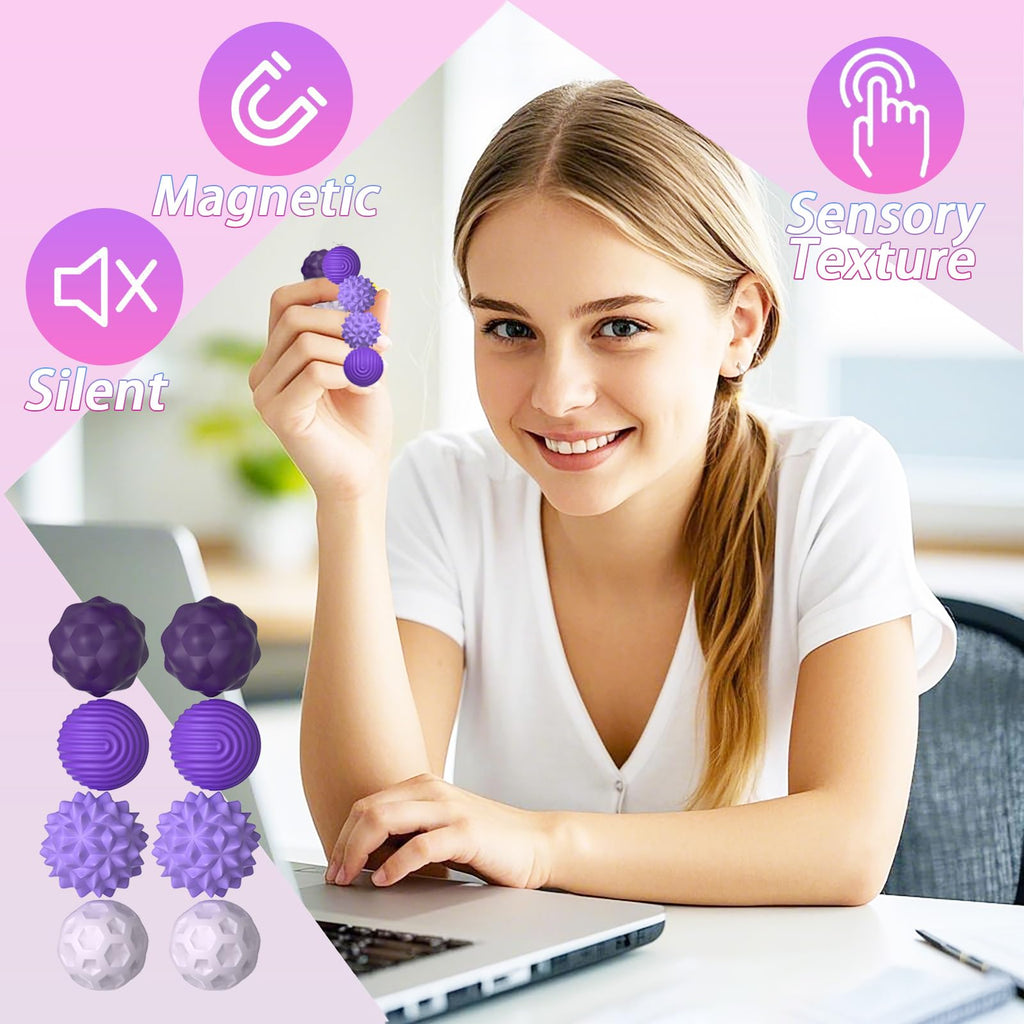 8 Pack Magnetic Fidget Balls Set - 2 Sizes, 4 Textures, Silicone Stress Relief Toys for Adults & Teens (Large 1.1 in, Small 0.8 in)
