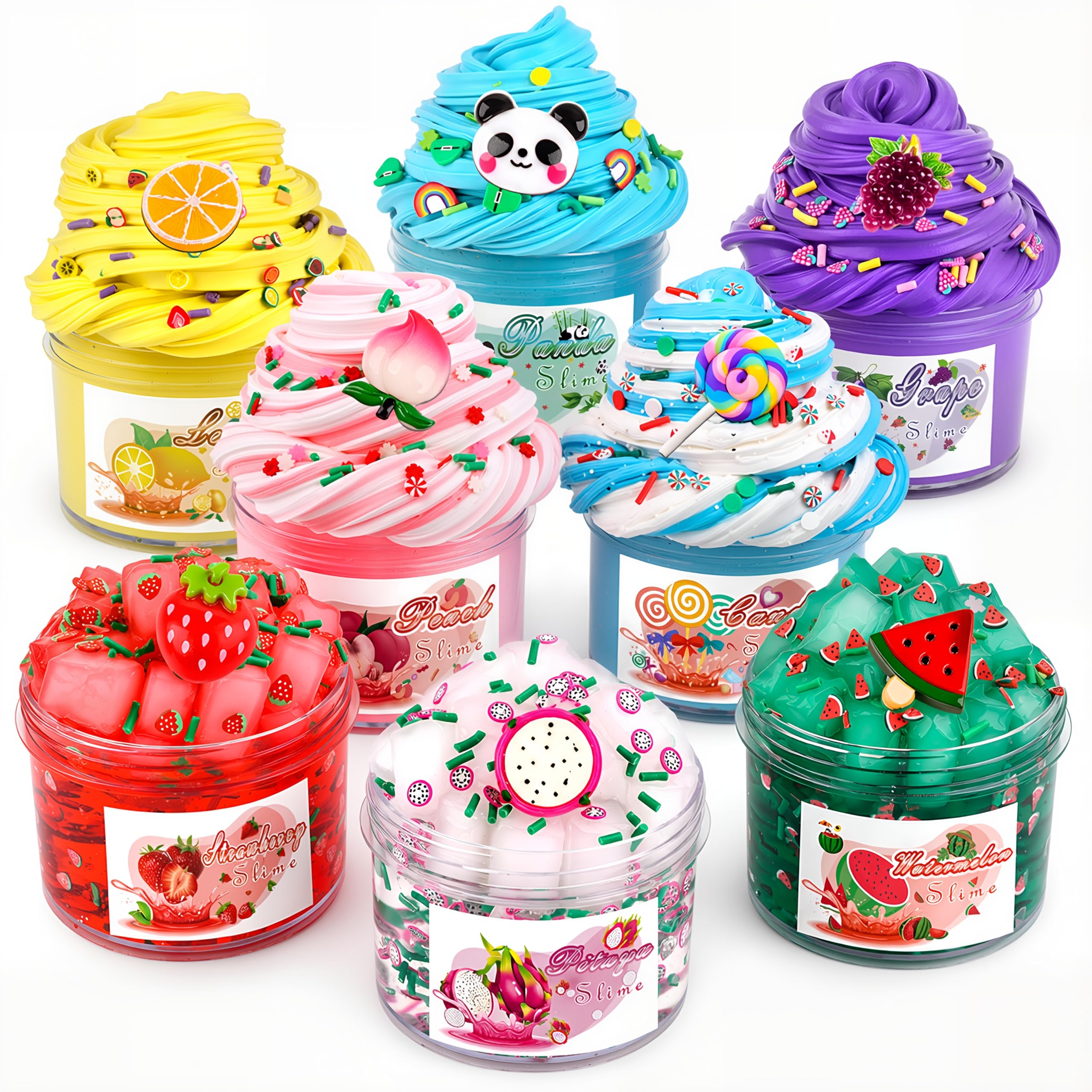 8-Pack Scented Slime Kit: 3 Clear + 5 Butter Slimes with Panda Fruit Theme, Non-Sticky Crunchy Crystal Slime - Birthday Party Favors & Stress Relief Toy for Kids