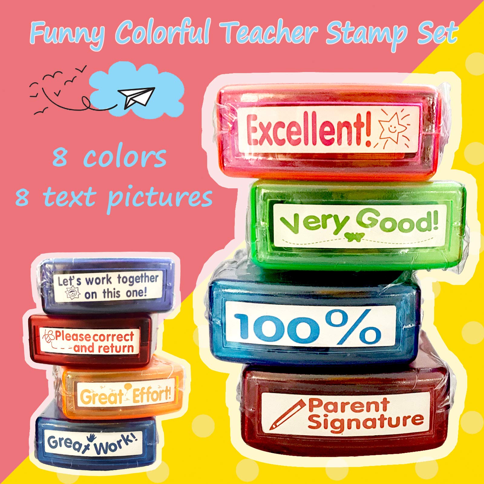 8-Pack Self-Inking Teacher Stamps - Motivational Messages & Parents Signature - Colorful Classroom Supplies by Bertiveny