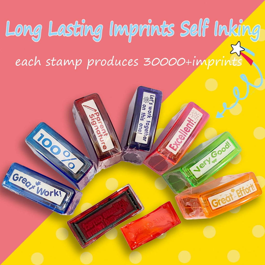 8-Pack Self-Inking Teacher Stamps - Motivational Messages & Parents Signature - Colorful Classroom Supplies by Bertiveny