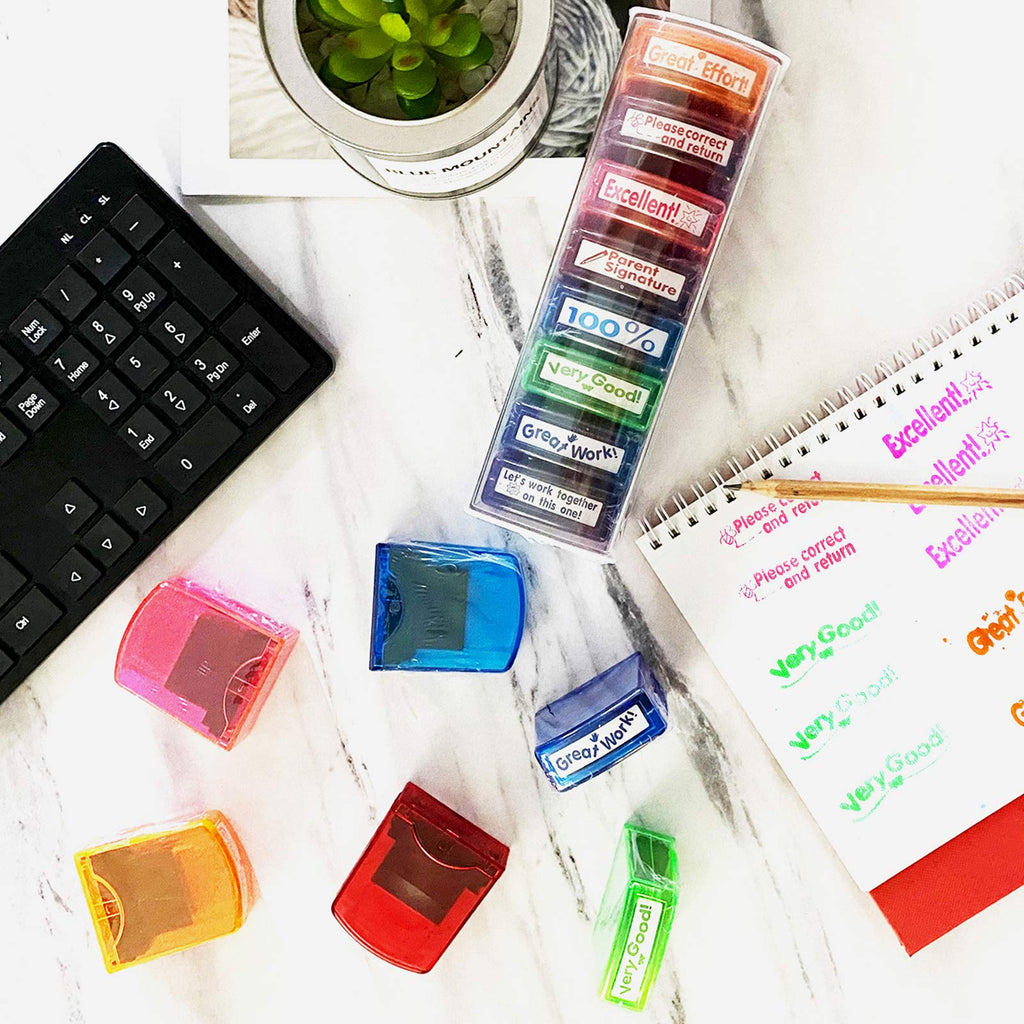 8-Pack Self-Inking Teacher Stamps - Motivational Messages & Parents Signature - Colorful Classroom Supplies by Bertiveny