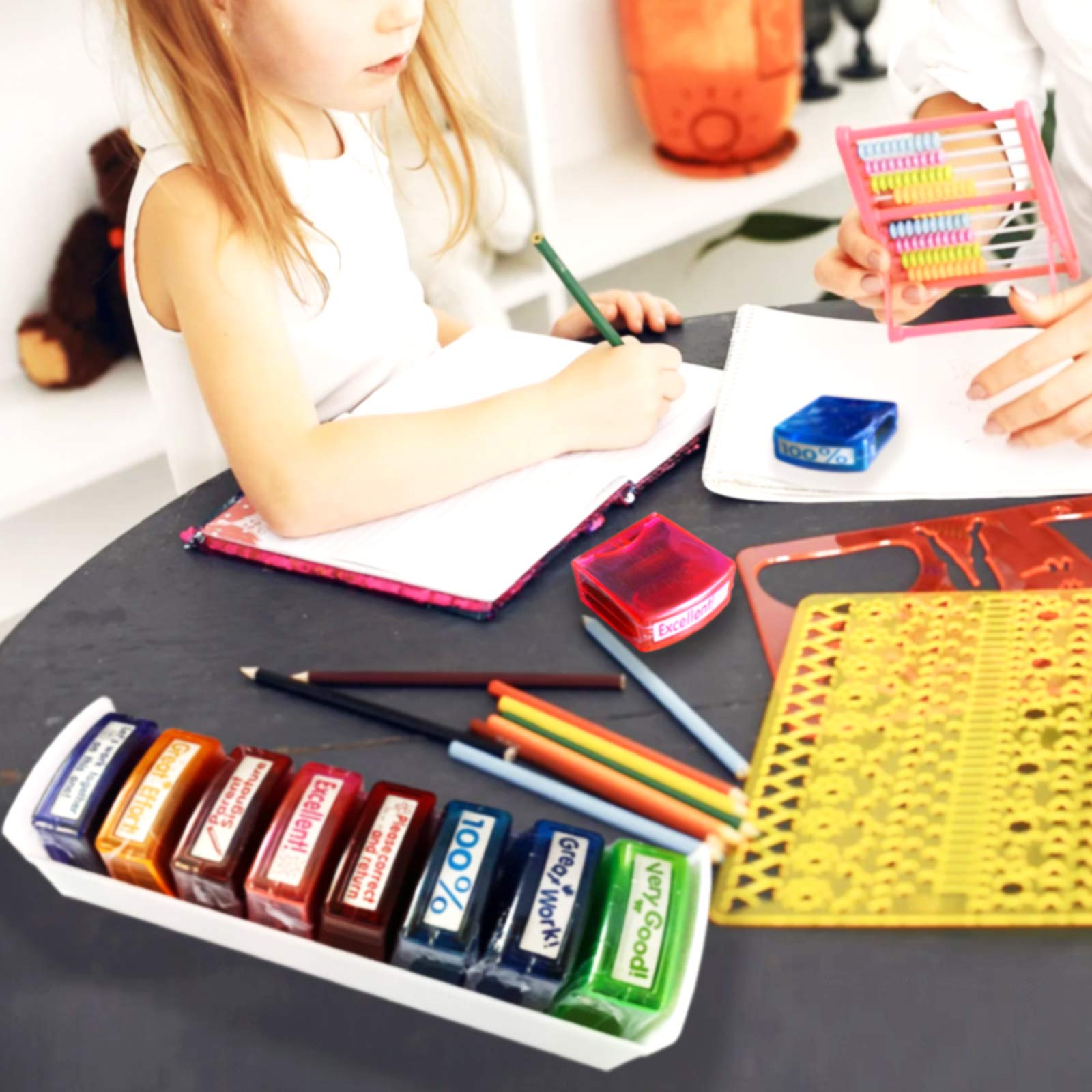 8-Pack Self-Inking Teacher Stamps - Motivational Messages & Parents Signature - Colorful Classroom Supplies by Bertiveny