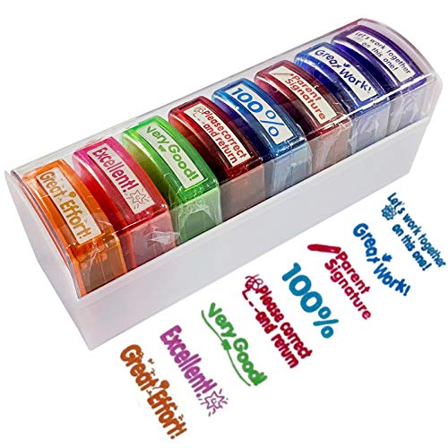 8-Pack Self-Inking Teacher Stamps - Motivational Messages & Parents Signature - Colorful Classroom Supplies by Bertiveny