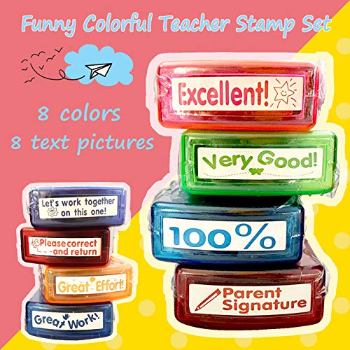 8-Pack Self-Inking Teacher Stamps - Motivational Messages & Parents Signature - Colorful Classroom Supplies by Bertiveny