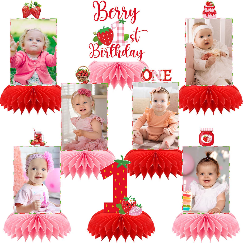 8-Piece Strawberry First Birthday Honeycomb Centerpiece Set - Pink & Red Photo Table Decor for Baby Girl's 1st Party