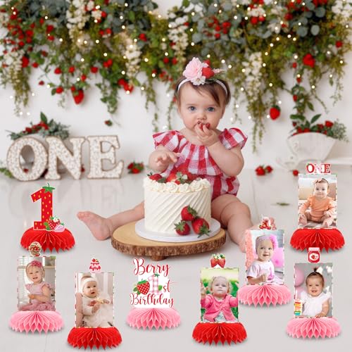 8-Piece Strawberry First Birthday Honeycomb Centerpiece Set - Pink & Red Photo Table Decor for Baby Girl's 1st Party