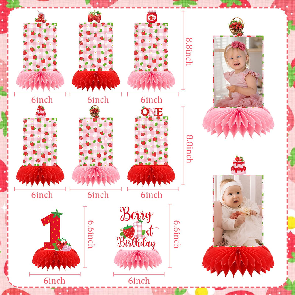 8-Piece Strawberry First Birthday Honeycomb Centerpiece Set - Pink & Red Photo Table Decor for Baby Girl's 1st Party