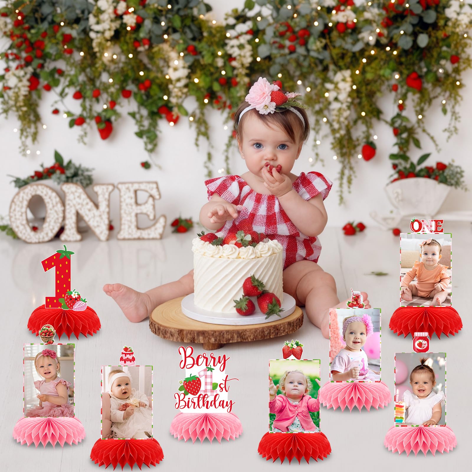 8-Piece Strawberry First Birthday Honeycomb Centerpiece Set - Pink & Red Photo Table Decor for Baby Girl's 1st Party