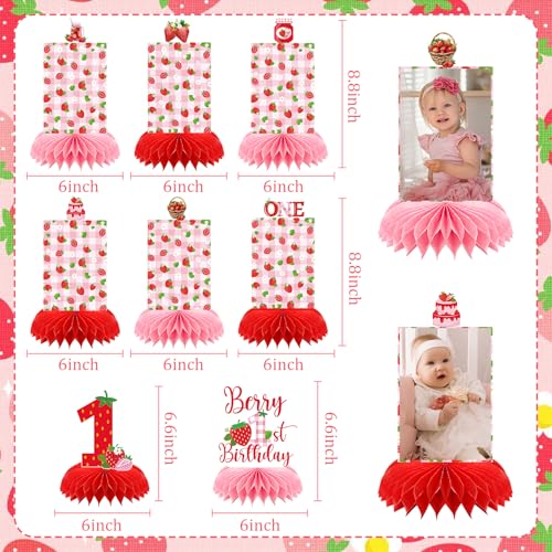 8-Piece Strawberry First Birthday Honeycomb Centerpiece Set - Pink & Red Photo Table Decor for Baby Girl's 1st Party