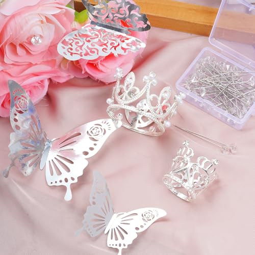 80-Piece Silver Crown, Butterfly & Flower Pin Set for Bouquets and Cake Toppers