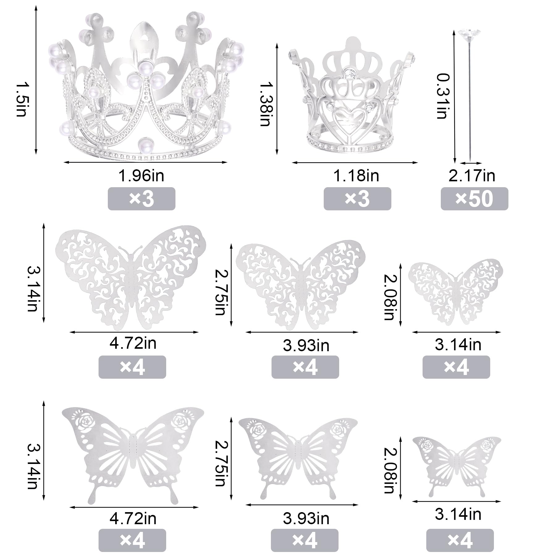80-Piece Silver Crown, Butterfly & Flower Pin Set for Bouquets and Cake Toppers