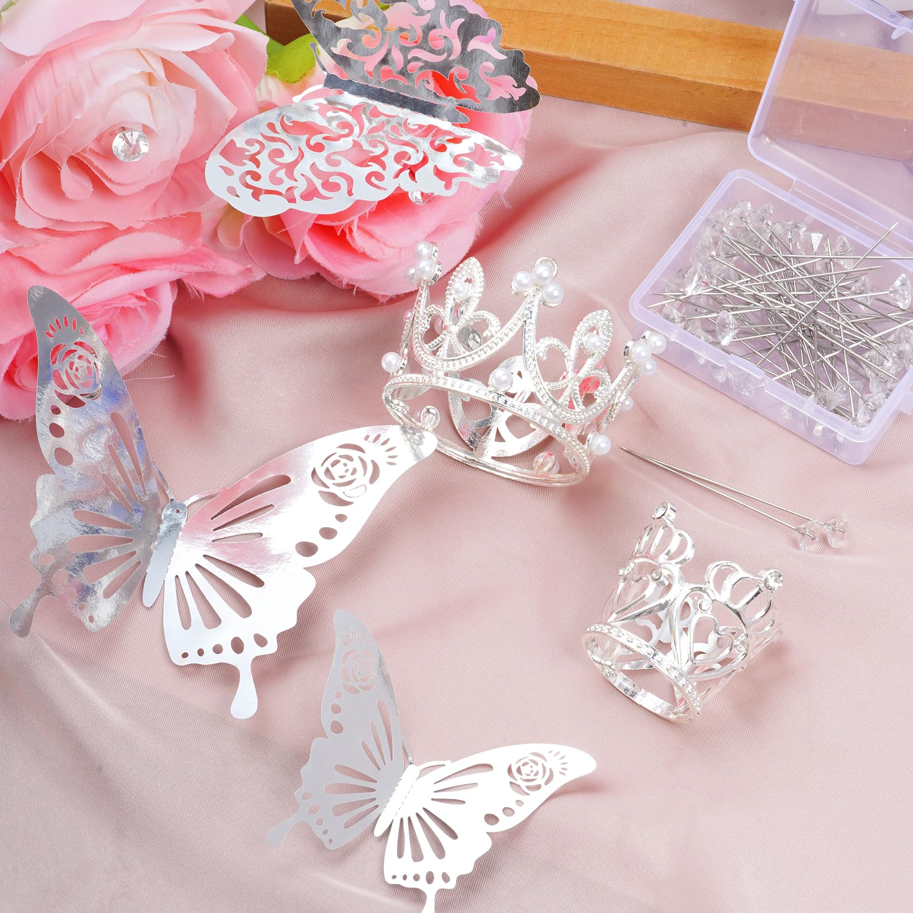 80-Piece Silver Crown, Butterfly & Flower Pin Set for Bouquets and Cake Toppers