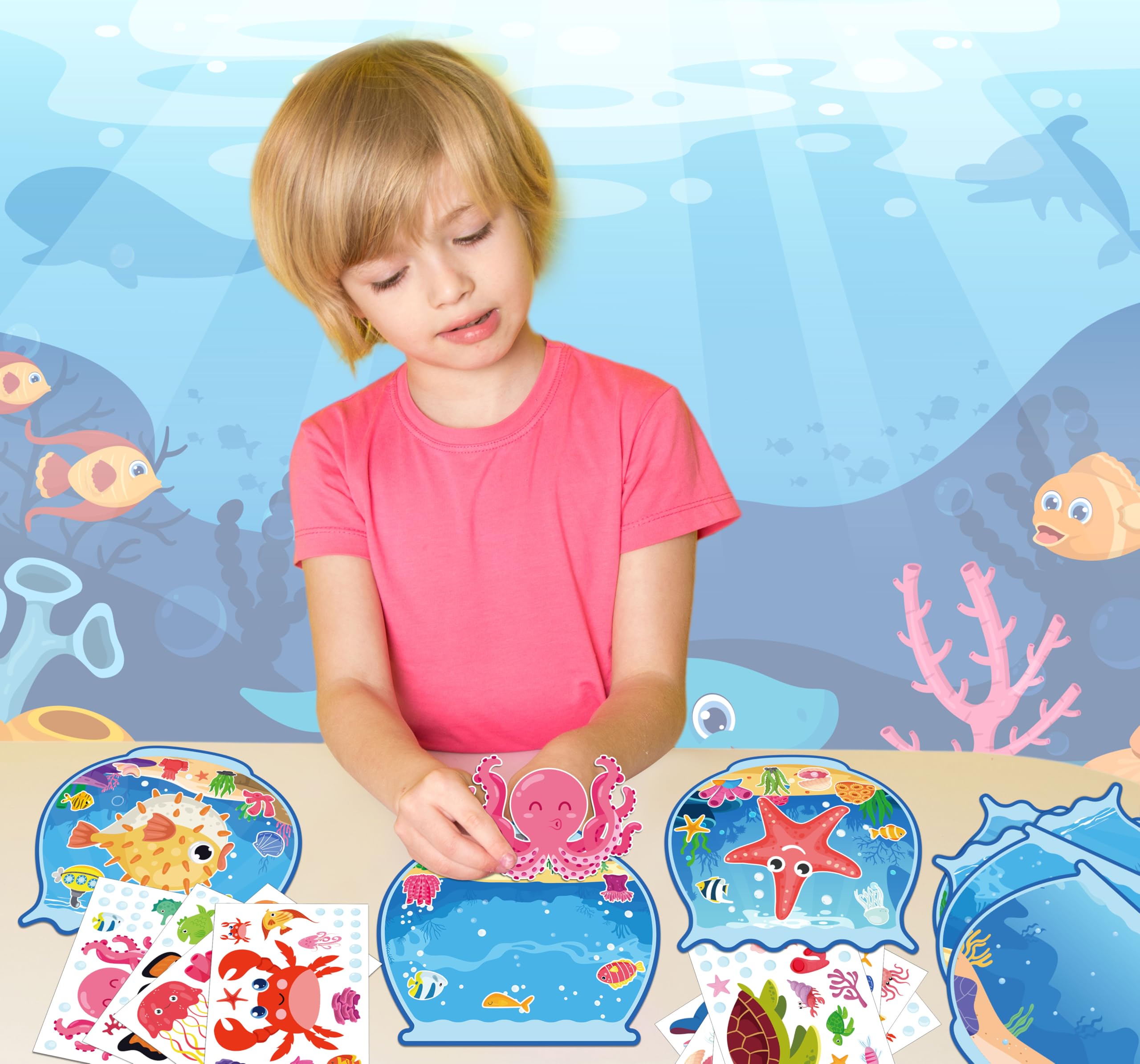 80UncleKimby Summer Activities: Ocean Animal Sticker Craft Kit – 32 Fishbowl Backgrounds & Sticker Sheets