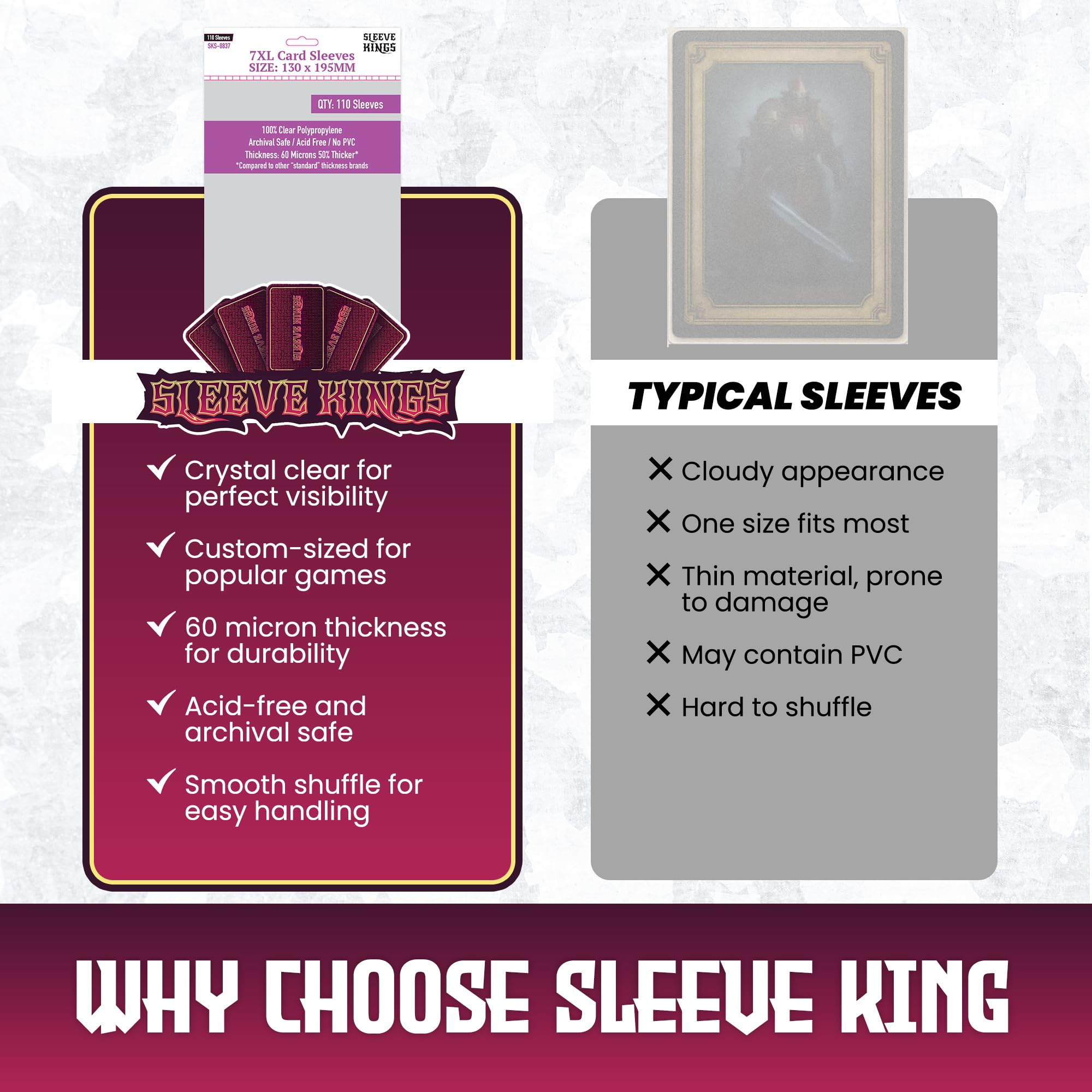 Sleeve Kings XXL Clear Card Sleeves (130x195mm) – 110 Pack for Dune & Oversized Games – 60 Micron Archival-Safe Protection