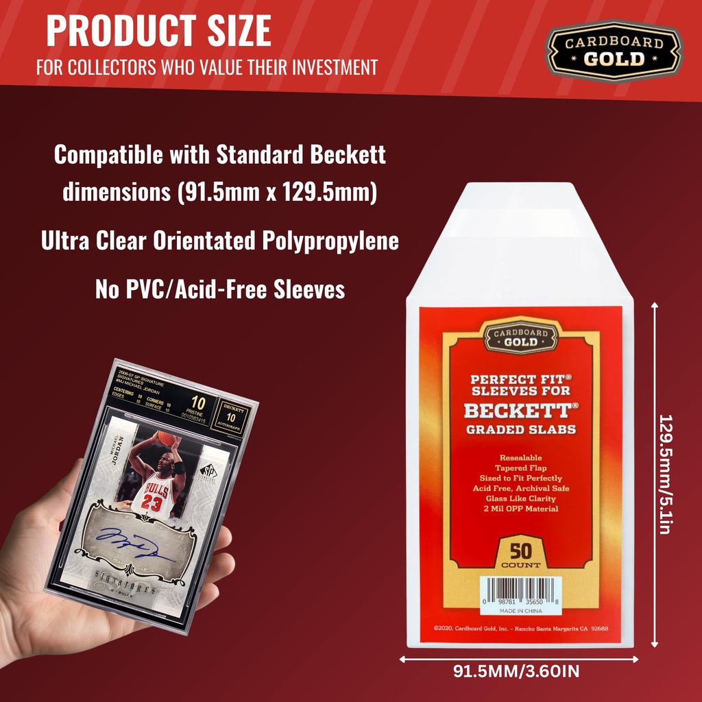 Cardboard Gold BGS Graded Card Sleeves | 50 Crystal Clear Resealable Slab Protectors – Precision Cut for Beckett Slabs