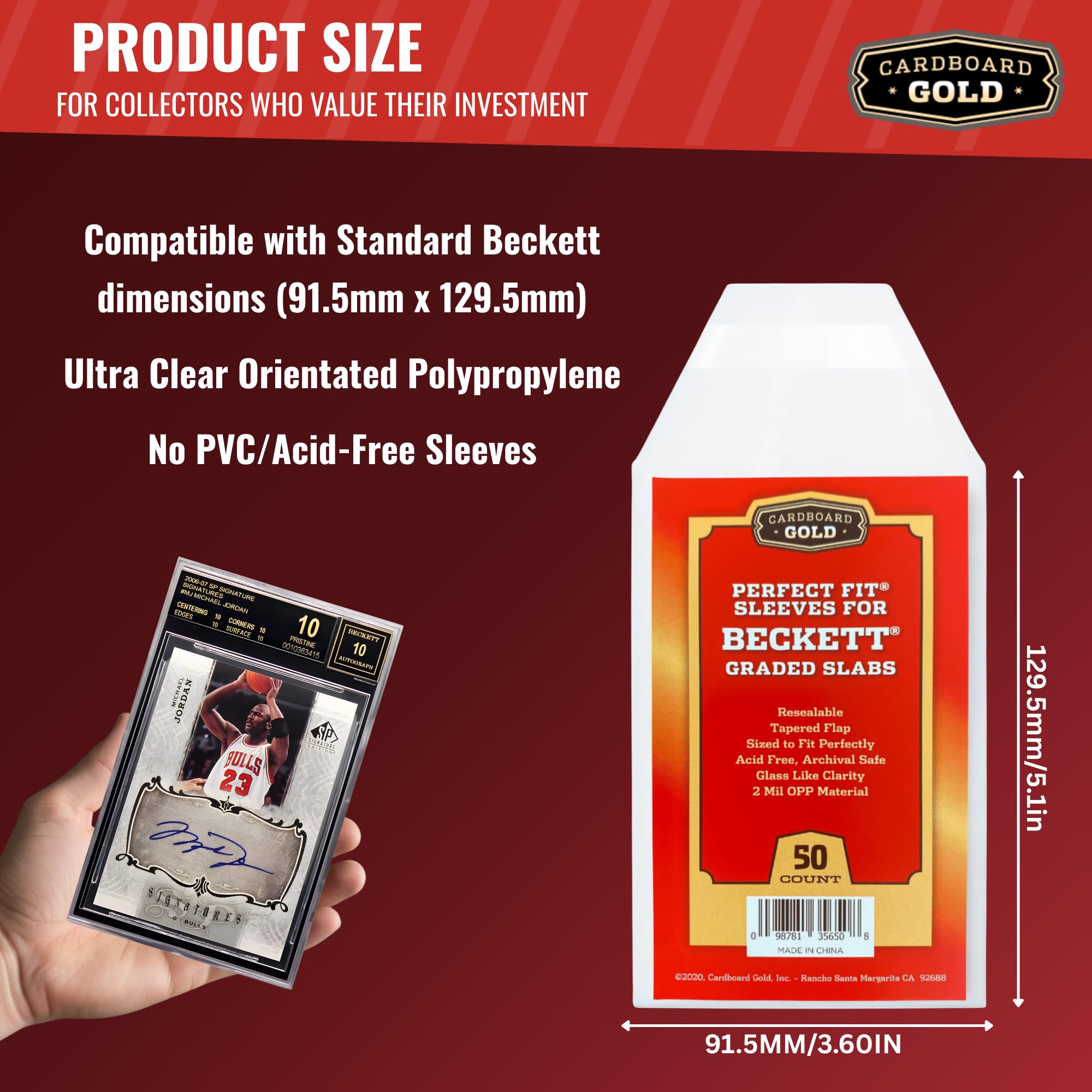 Cardboard Gold BGS Graded Card Sleeves | 50 Crystal Clear Resealable Slab Protectors – Precision Cut for Beckett Slabs