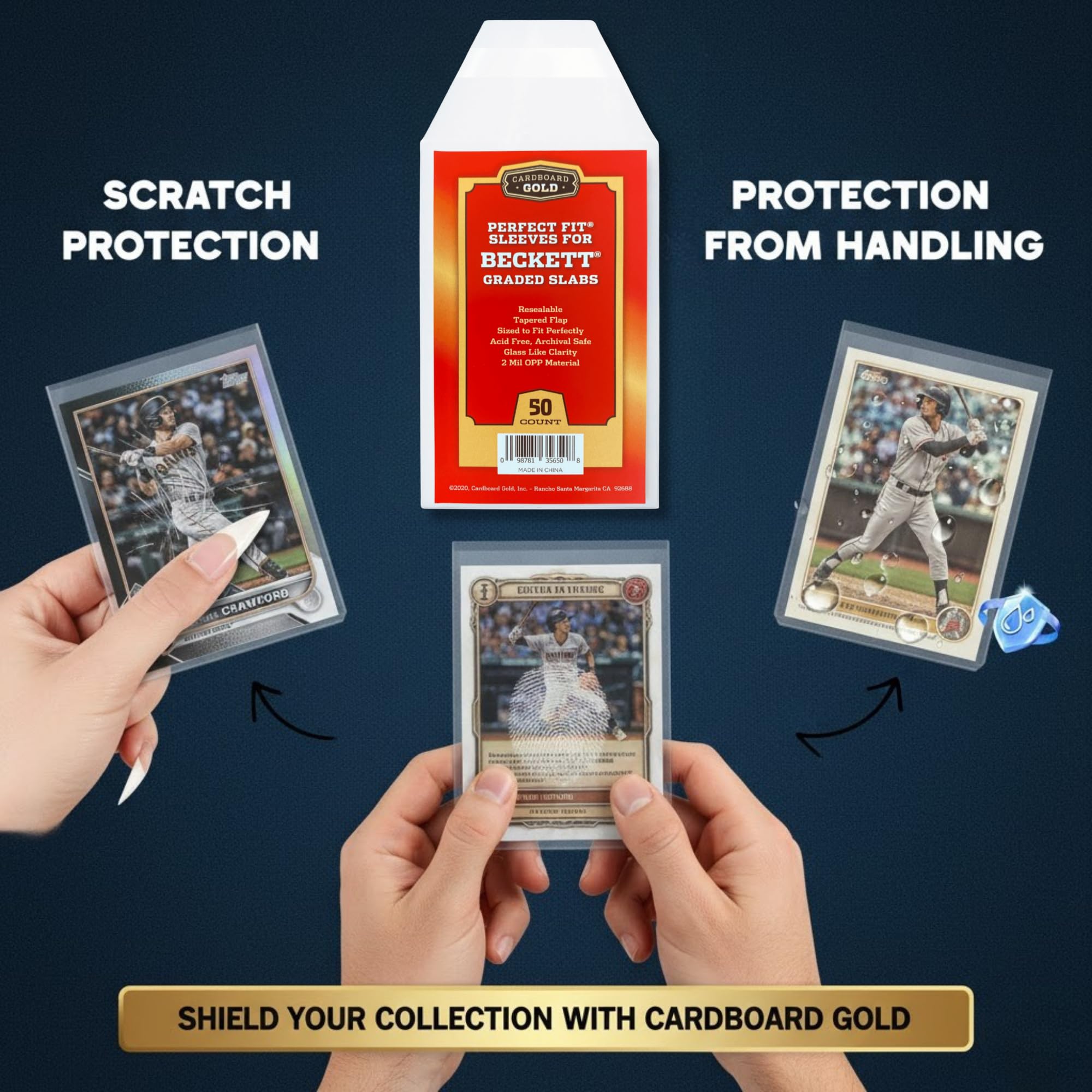 Cardboard Gold BGS Graded Card Sleeves | 50 Crystal Clear Resealable Slab Protectors – Precision Cut for Beckett Slabs